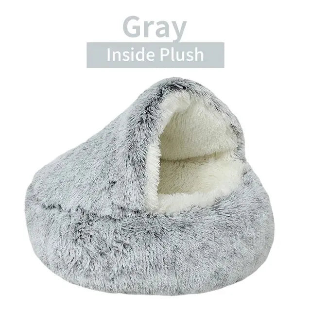 2-in-1 Plush Hooded Pet Bed – Soft, Fluffy Cave for Cats & Small Dogs