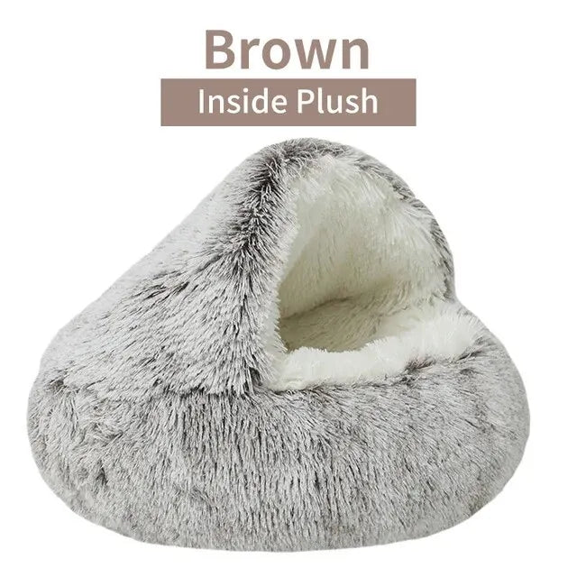 2-in-1 Plush Hooded Pet Bed – Soft, Fluffy Cave for Cats & Small Dogs