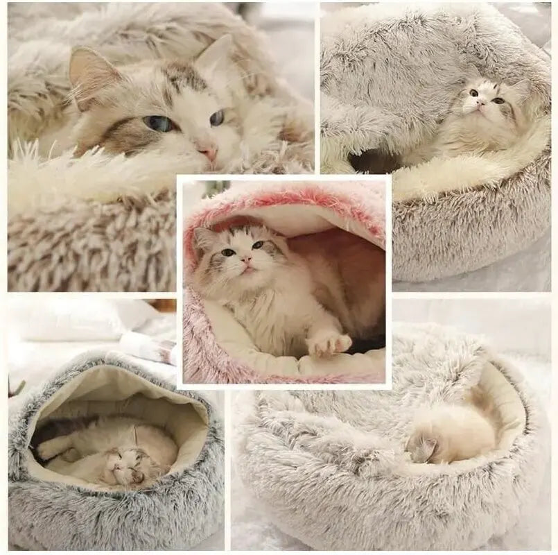 2-in-1 Plush Hooded Pet Bed – Soft, Fluffy Cave for Cats & Small Dogs
