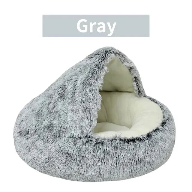 2-in-1 Plush Hooded Pet Bed – Soft, Fluffy Cave for Cats & Small Dogs