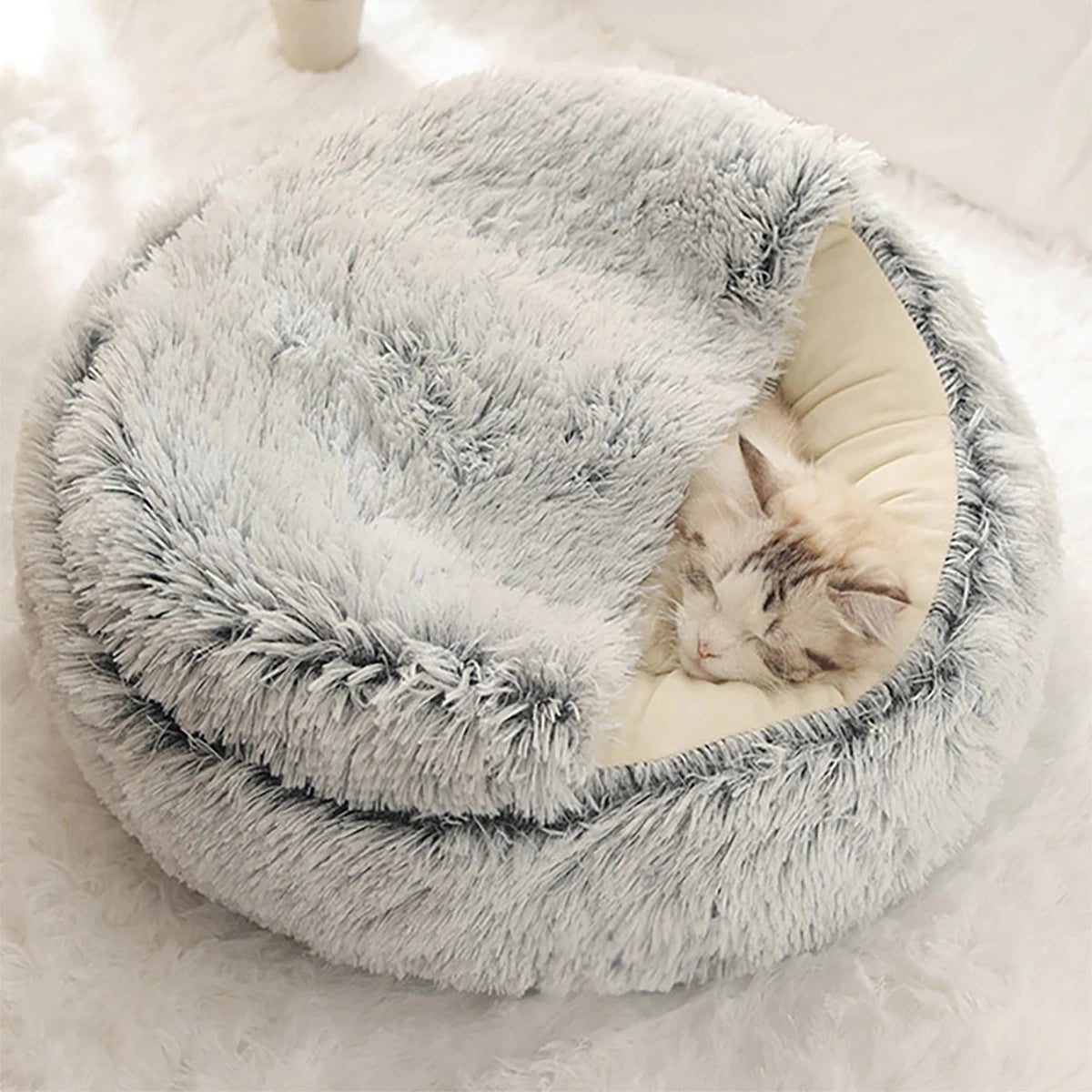 2-in-1 Plush Hooded Pet Bed – Soft, Fluffy Cave for Cats & Small Dogs