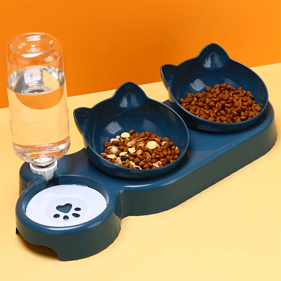 3-in-1 Tilted Cat Bowl with Automatic Water Feeder