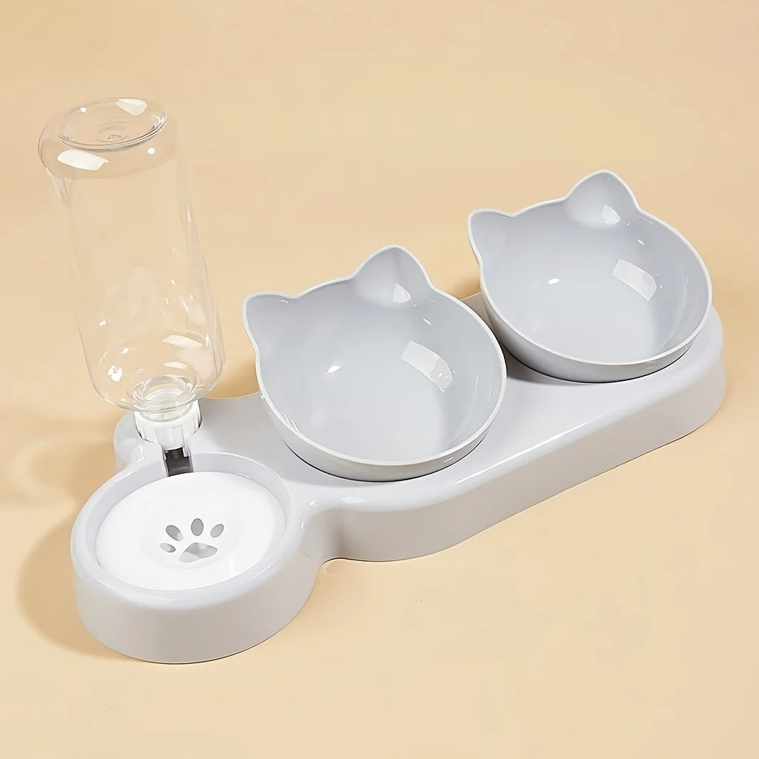 3-in-1 Tilted Cat Bowl with Automatic Water Feeder