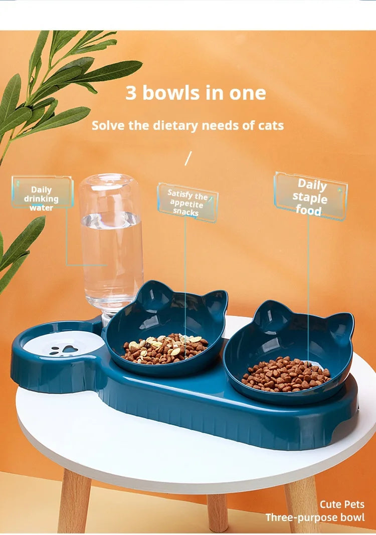3-in-1 Tilted Cat Bowl with Automatic Water Feeder
