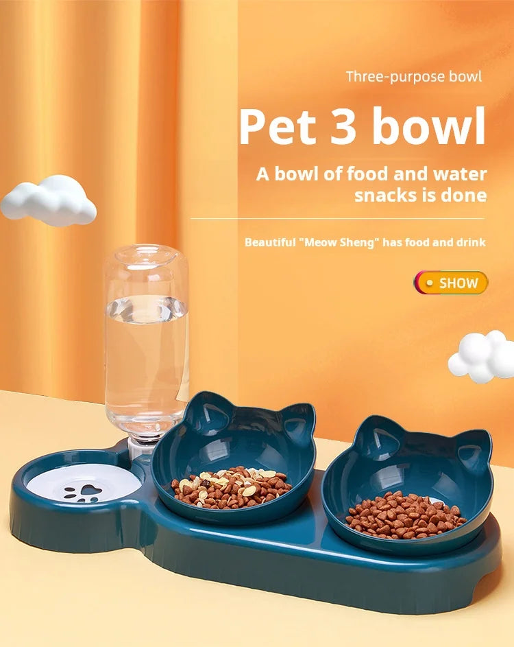 3-in-1 Tilted Cat Bowl with Automatic Water Feeder