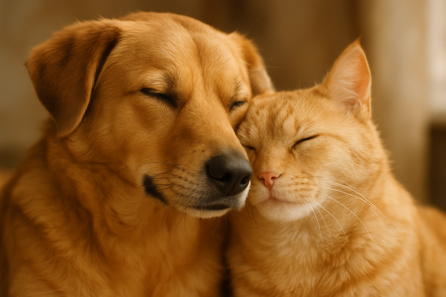 A dog and a cat with their faces together