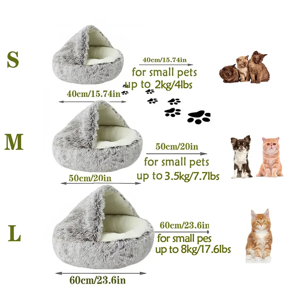 2-in-1 Plush Hooded Pet Bed – Soft, Fluffy Cave for Cats & Small Dogs